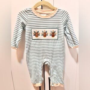 Smocked turkey Striped Blue and White Kids One Piece romper